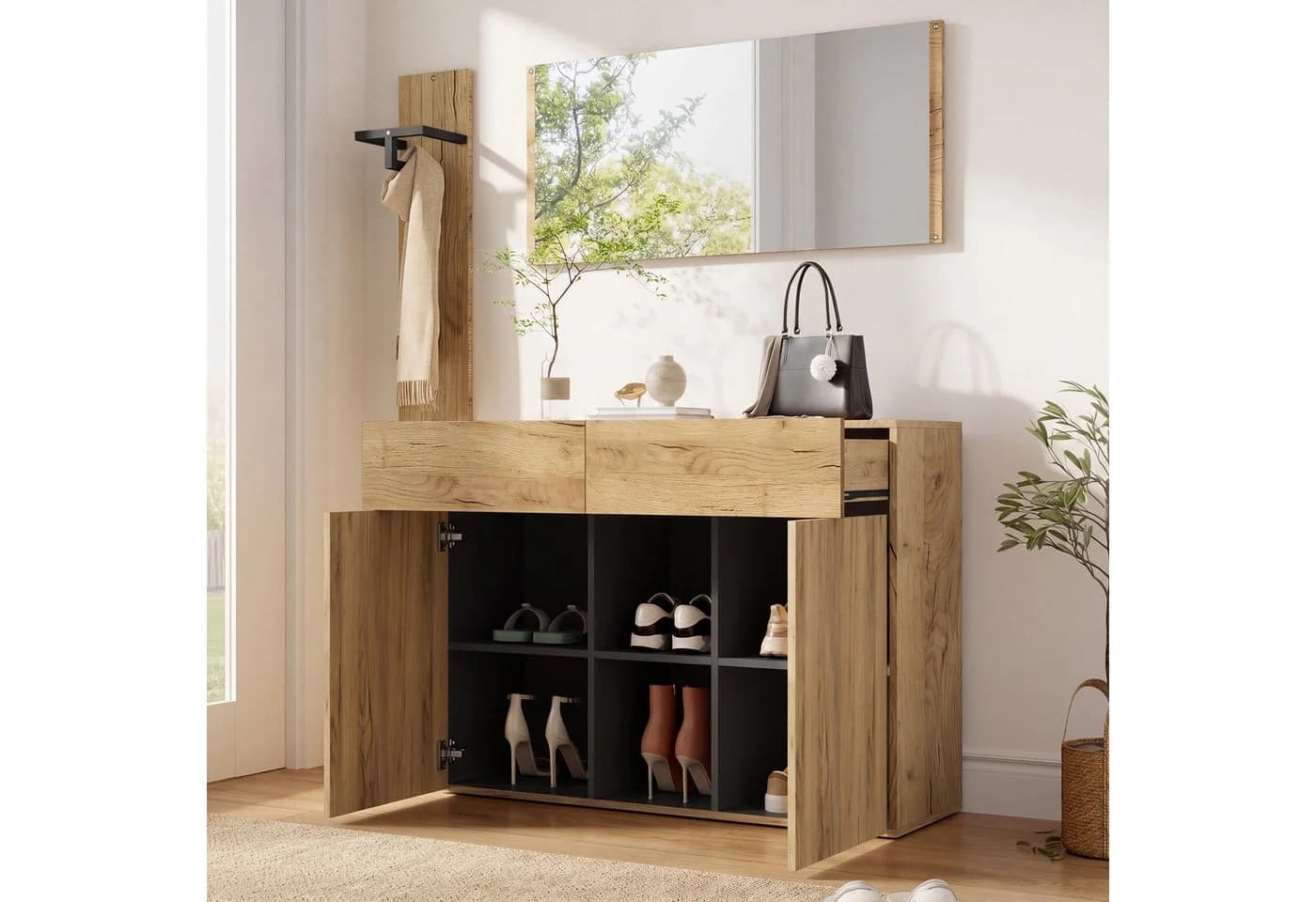 Flieks Garderoben-Set 3-teilig Holzoptik Natur Schwarz mit Spiegel