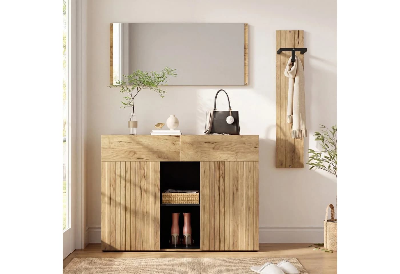 Flieks Garderoben-Set 3-teilig Holzoptik Natur Schwarz mit Spiegel - Bild 2