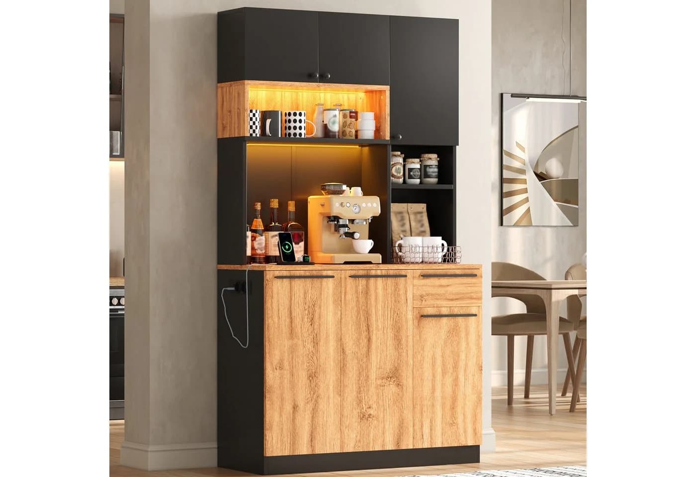 Flieks Küchenbuffet Hochschrank Holzoptik Schwarz mit LED & Steckdosen - Bild 2