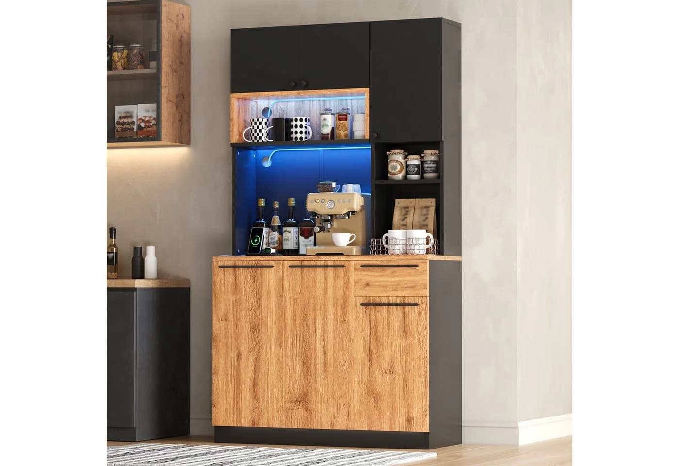 Flieks Küchenbuffet Hochschrank Holzoptik Schwarz mit LED & Steckdosen - Bild 5
