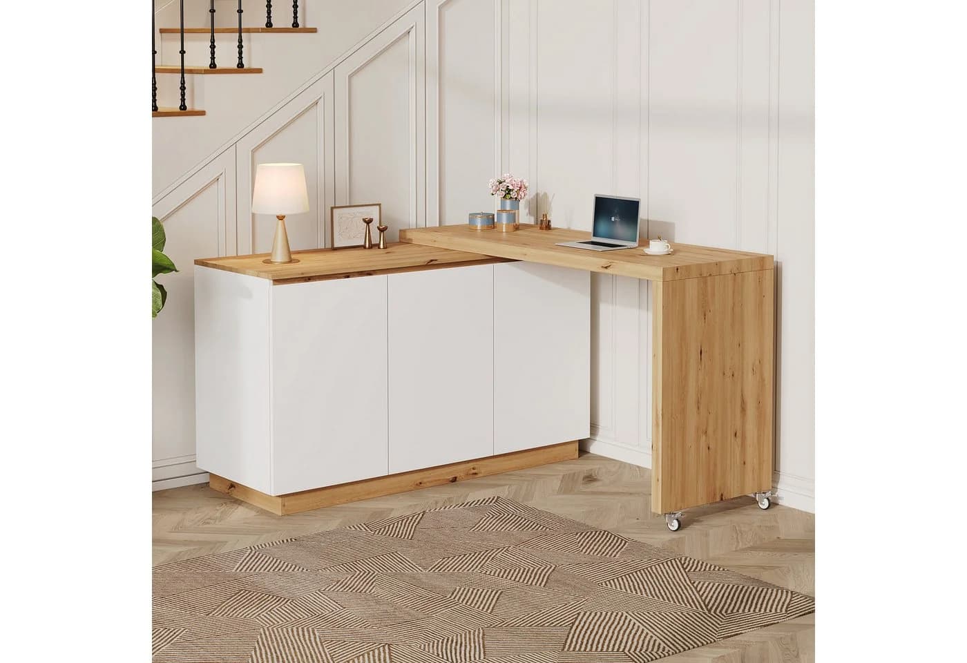 Flieks Schreibtisch 360° drehbar mit Rollen & Mehrzweckschrank Weiß/Eichenoptik - Bild 2