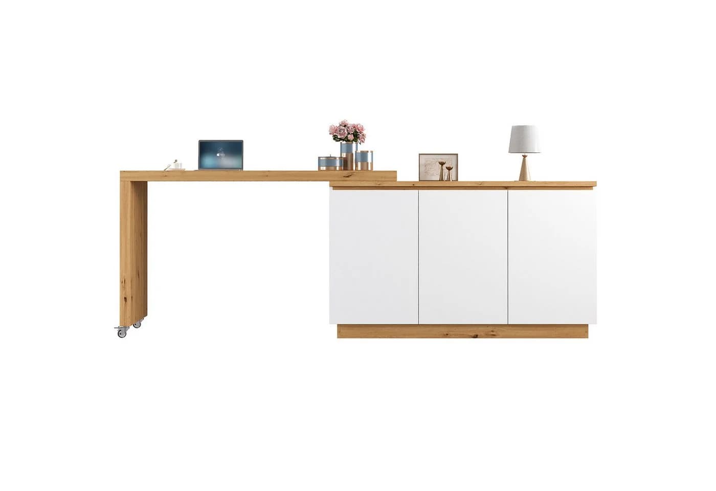 Flieks Schreibtisch 360° drehbar mit Rollen & Mehrzweckschrank Weiß/Eichenoptik - Bild 3