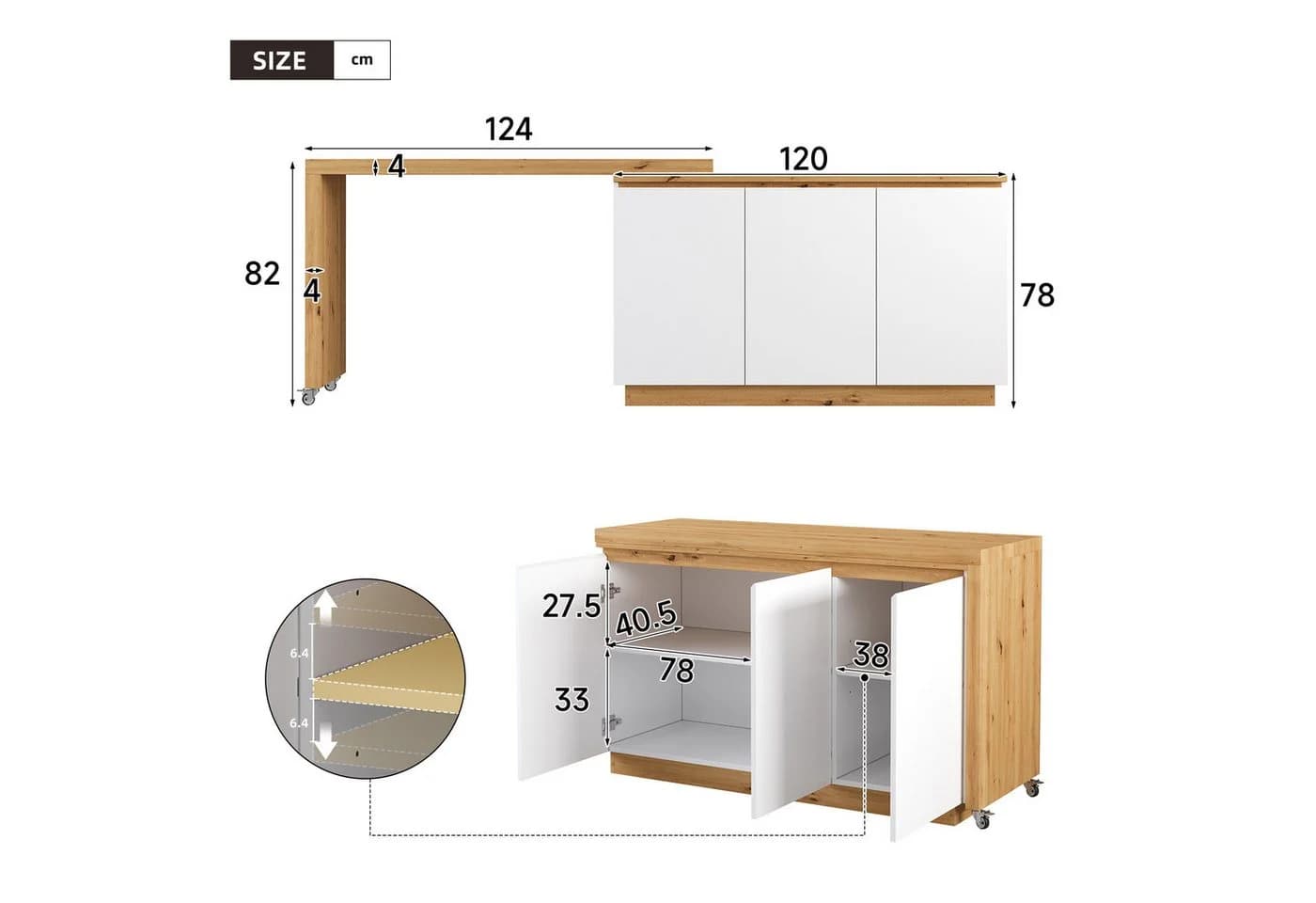 Flieks Schreibtisch 360° drehbar mit Rollen & Mehrzweckschrank Weiß/Eichenoptik - Bild 4