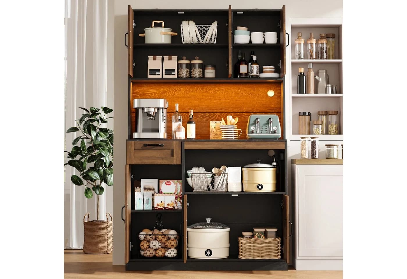Flieks Küchenbuffet Hochschrank Schwarz mit LED-Beleuchtung