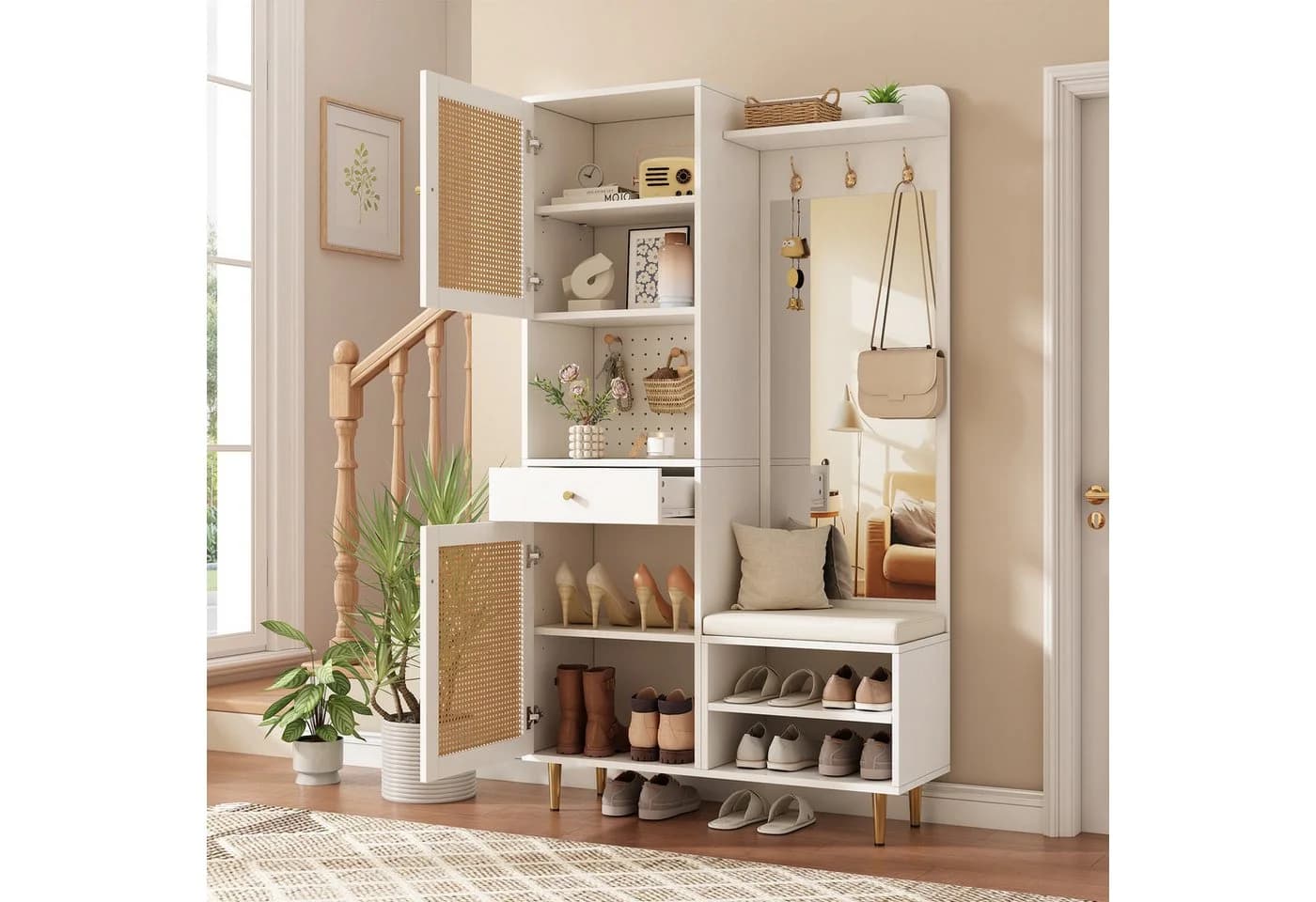 Flieks Garderobenschrank Weiß mit Spiegel, Haken & Schuhregal