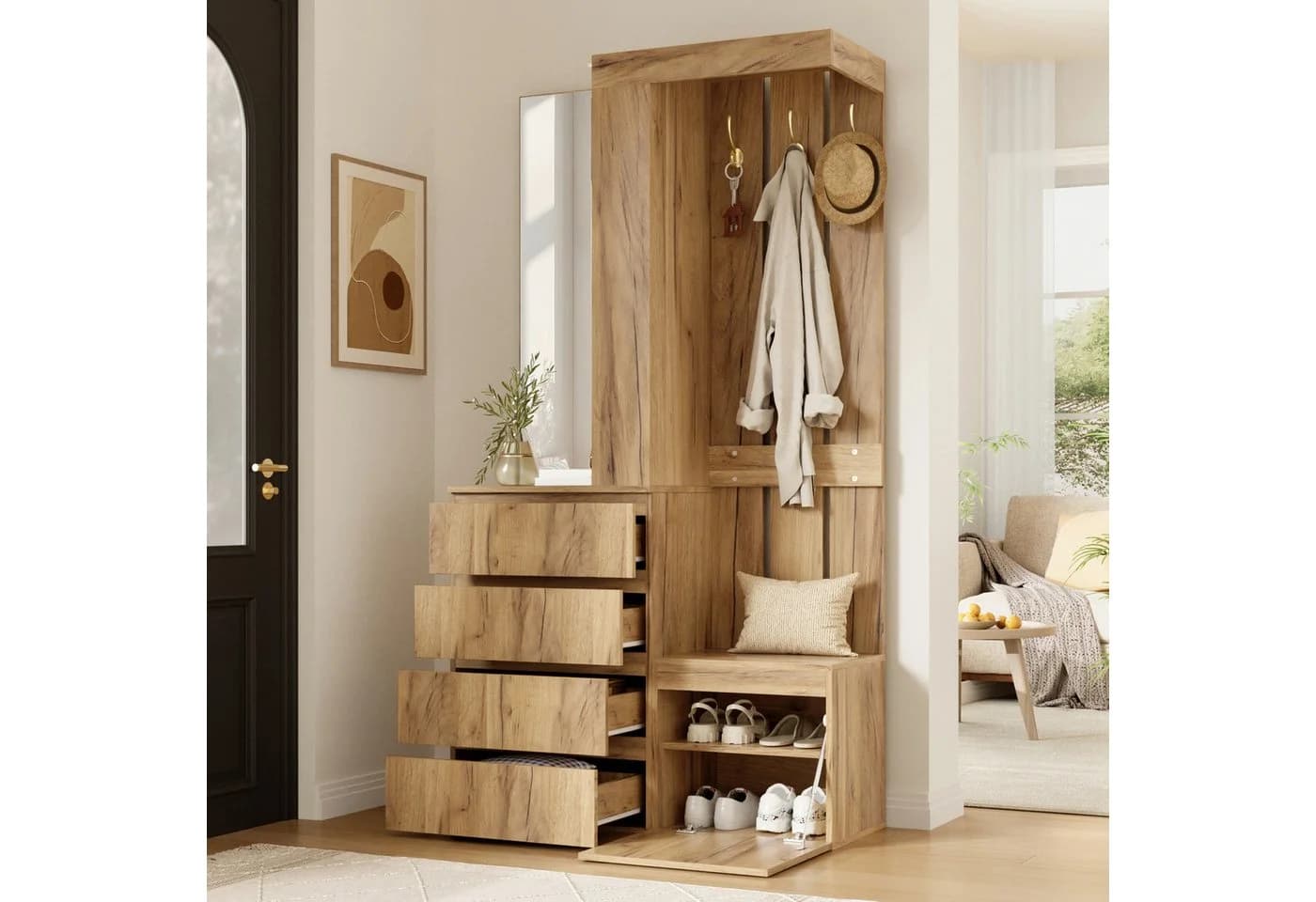 Flieks Garderoben-Set mit Spiegel, 4 Schubladen & 1 Tür, Beige Holzoptik