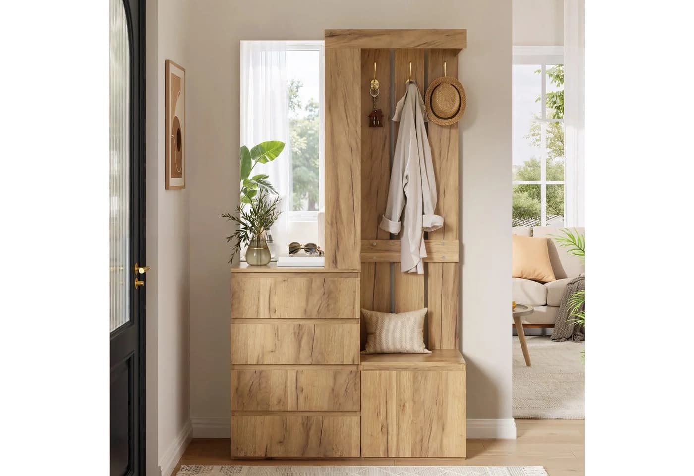 Flieks Garderoben-Set mit Spiegel, 4 Schubladen & 1 Tür, Beige Holzoptik - Bild 3