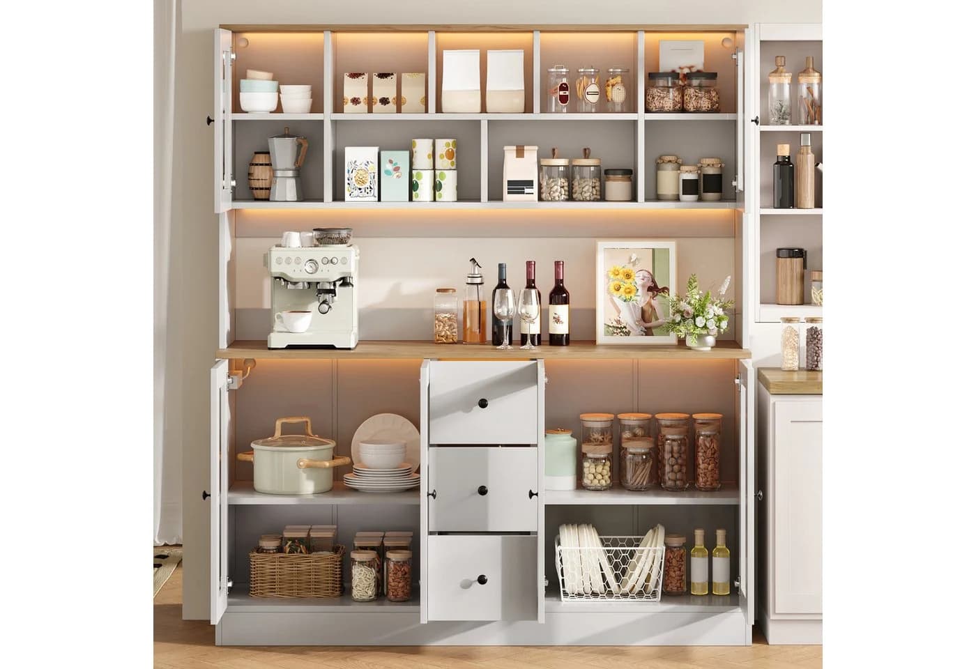 Flieks Küchenbuffet Hochschrank Weiß mit LED & Steckdose