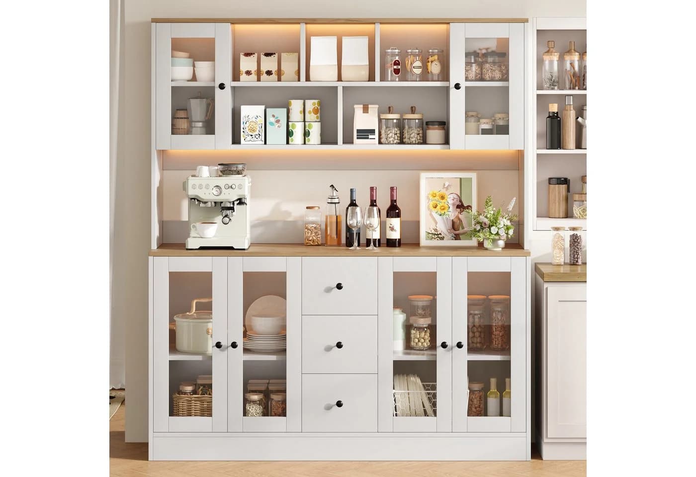 Flieks Küchenbuffet Hochschrank Weiß mit LED & Steckdose - Bild 2