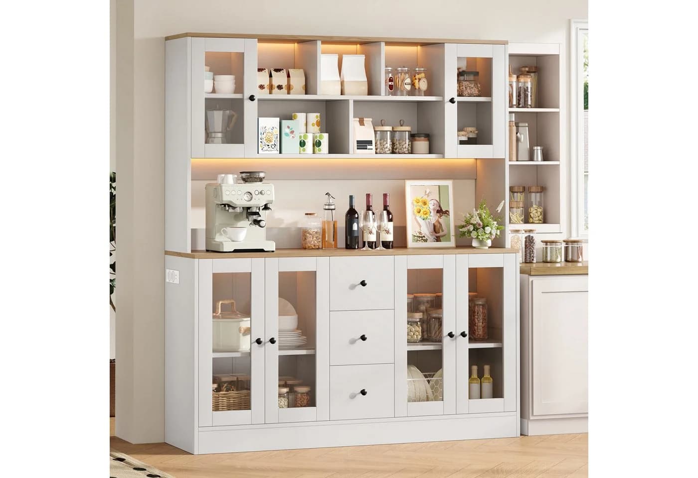 Flieks Küchenbuffet Hochschrank Weiß mit LED & Steckdose - Bild 3