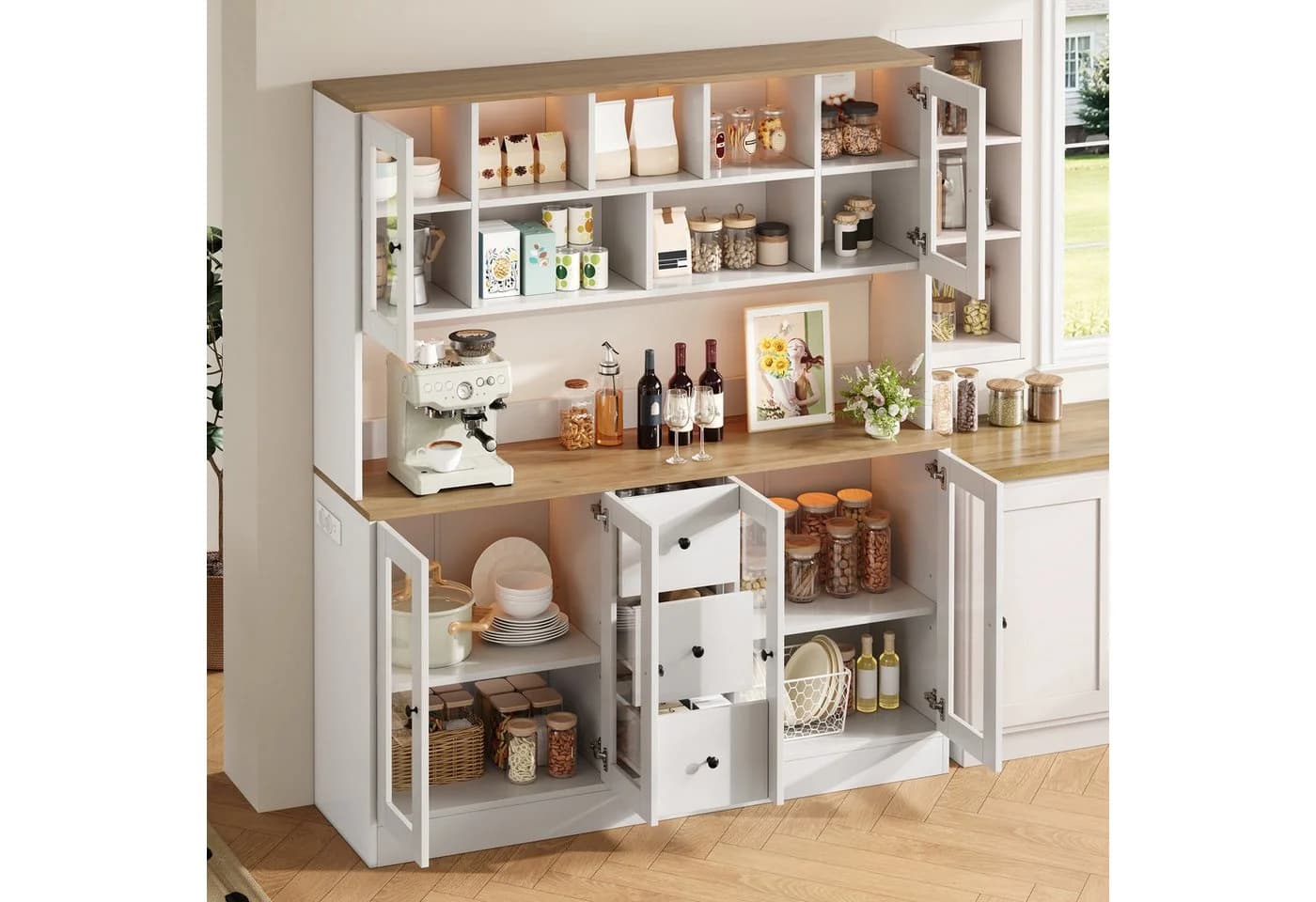 Flieks Küchenbuffet Hochschrank Weiß mit LED & Steckdose - Bild 4