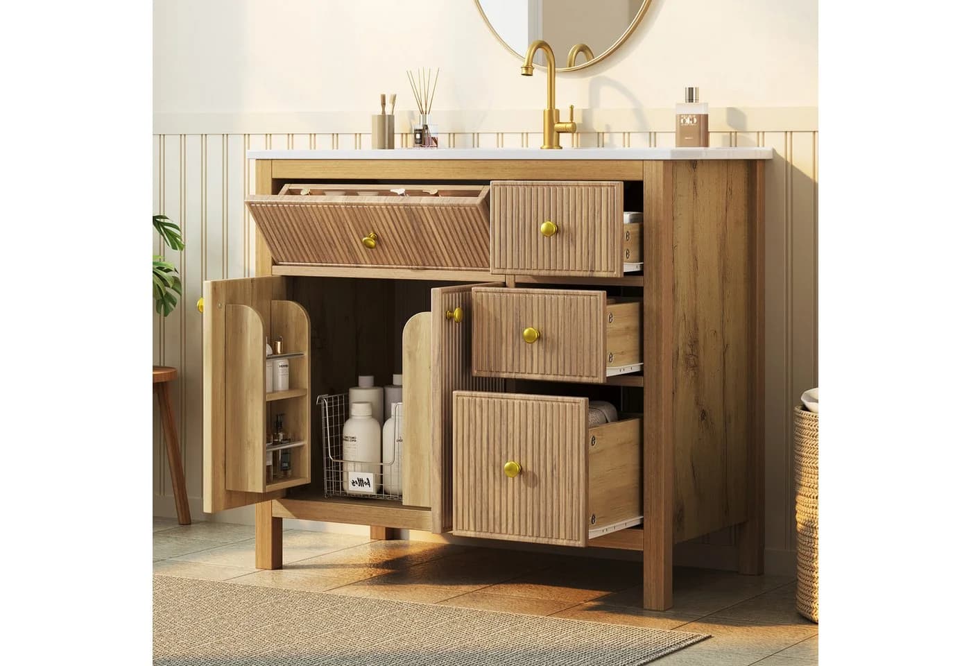 Flieks Waschtischunterschrank mit Waschbecken Eichenfarbe Soft-Close