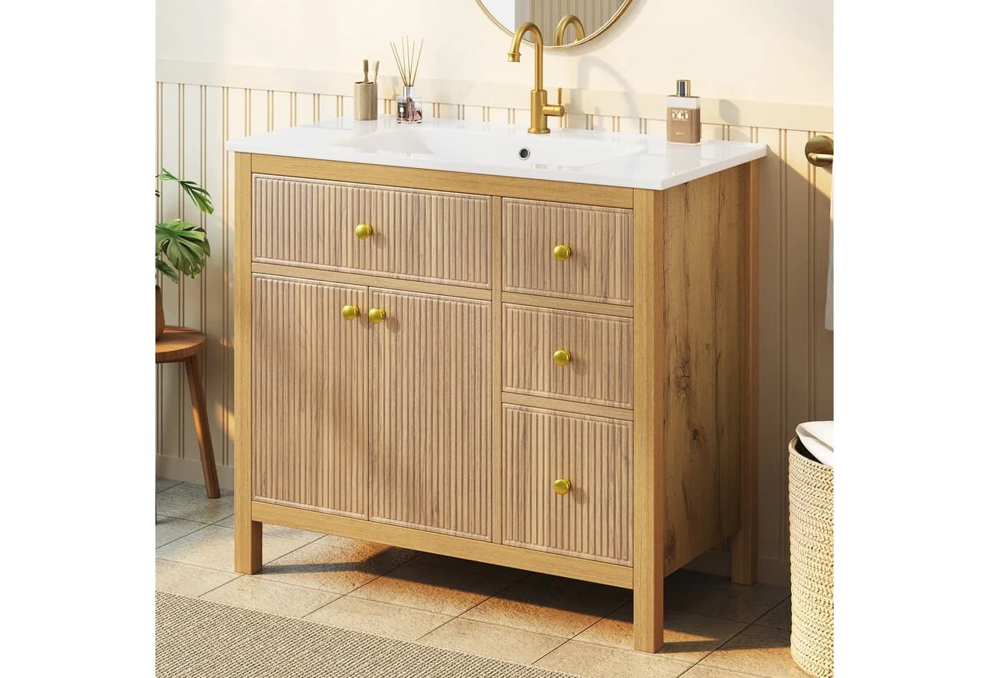 Flieks Waschtischunterschrank mit Waschbecken Eichenfarbe Soft-Close - Bild 3