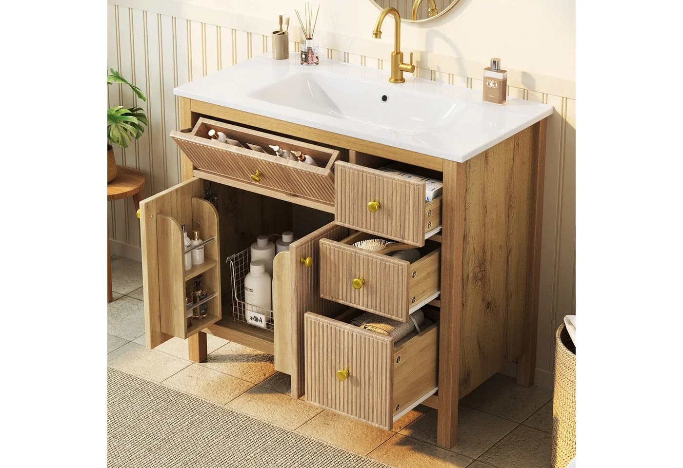 Flieks Waschtischunterschrank mit Waschbecken Eichenfarbe Soft-Close - Bild 4