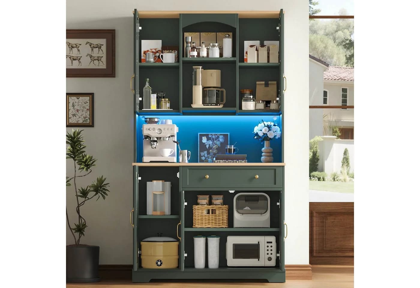 Flieks Küchenbuffet Retro Hochschrank Glasvitrine Grün