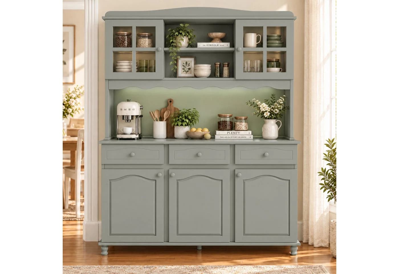 Flieks Küchenbuffet Hochschrank Graugrün mit Glastüren und LED-Beleuchtung - Bild 2
