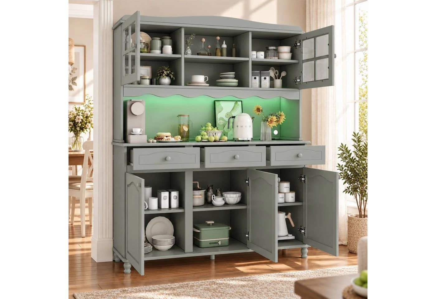 Flieks Küchenbuffet Hochschrank Graugrün mit Glastüren und LED-Beleuchtung - Bild 3