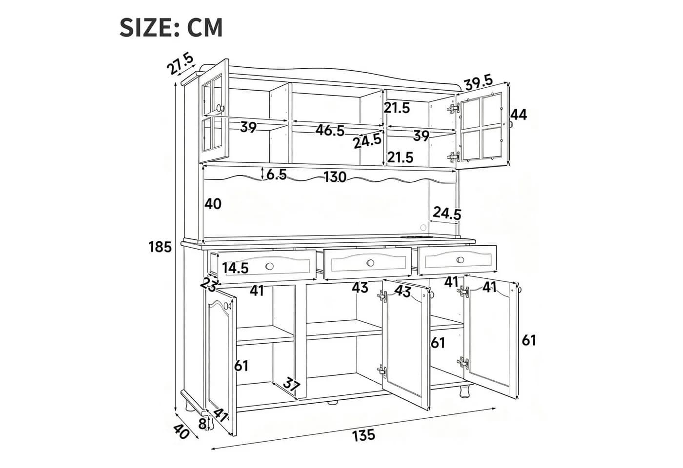 Flieks Küchenbuffet Hochschrank Graugrün mit Glastüren und LED-Beleuchtung - Bild 5