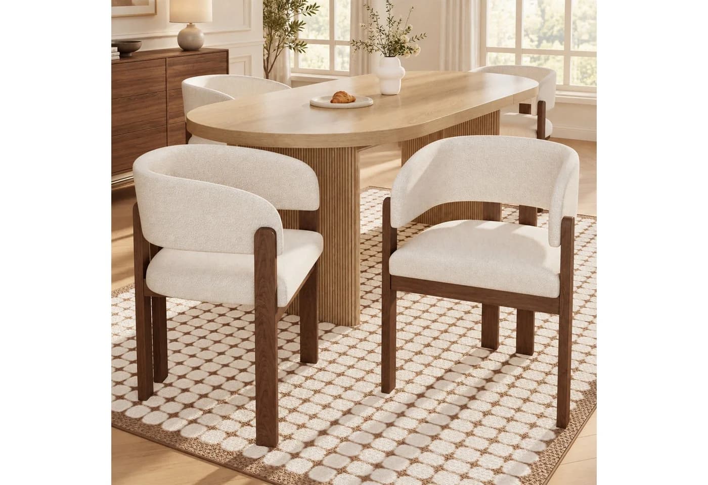 Flieks 4er Set Esszimmerstühle Armlehnstuhl Massivholz Beige Bouclé - Bild 2