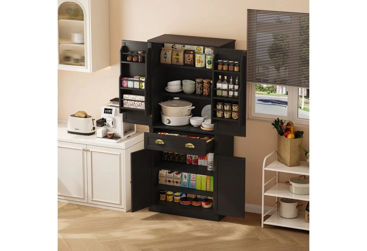 Flieks Mehrzweckschrank 4 Türen Weiß/Schwarz mit Schublade