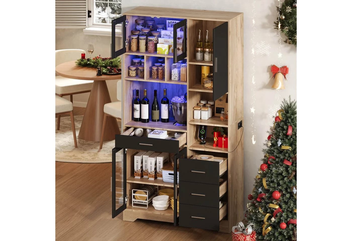 Flieks Küchenbuffet Schwarz mit LED-Beleuchtung und Glastüren - Bild 4