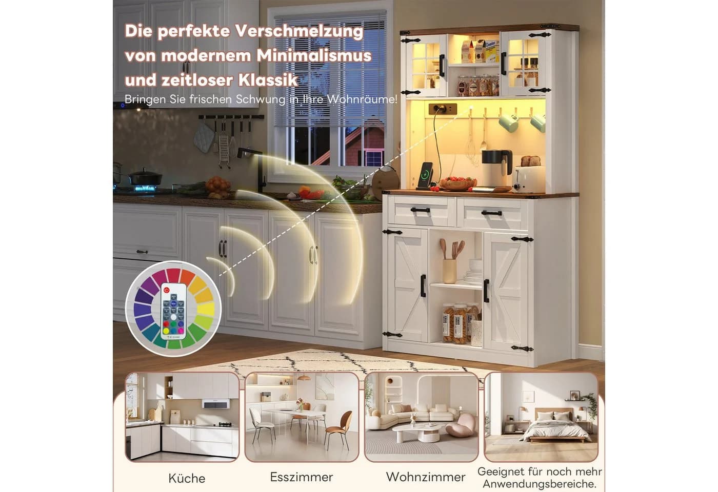 Flieks Küchenbuffet mit LED-Beleuchtung und Steckdosen Weiß - Bild 5