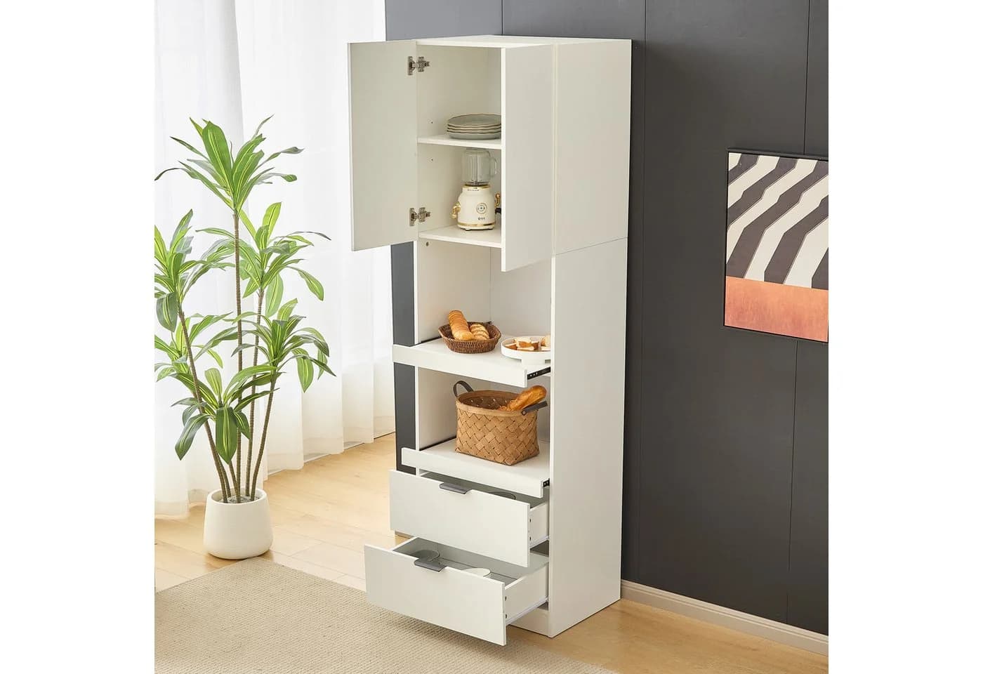 Flieks Hochschrank Mehrzweckschrank mit Schubladen, Schiebeböden und Türen - Bild 3