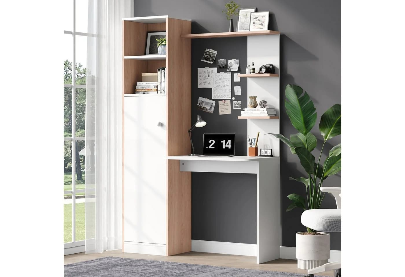 Flieks Schreibtisch Computertisch mit Hochschrank und Ablagen - Weiß Holzoptik - Bild 2