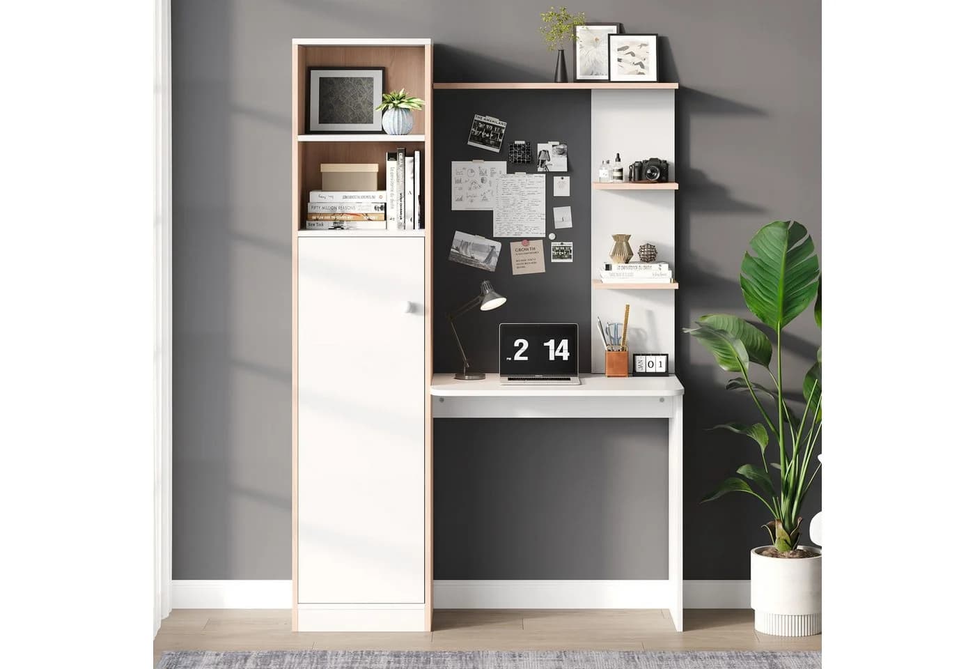 Flieks Schreibtisch Computertisch mit Hochschrank und Ablagen - Weiß Holzoptik - Bild 3