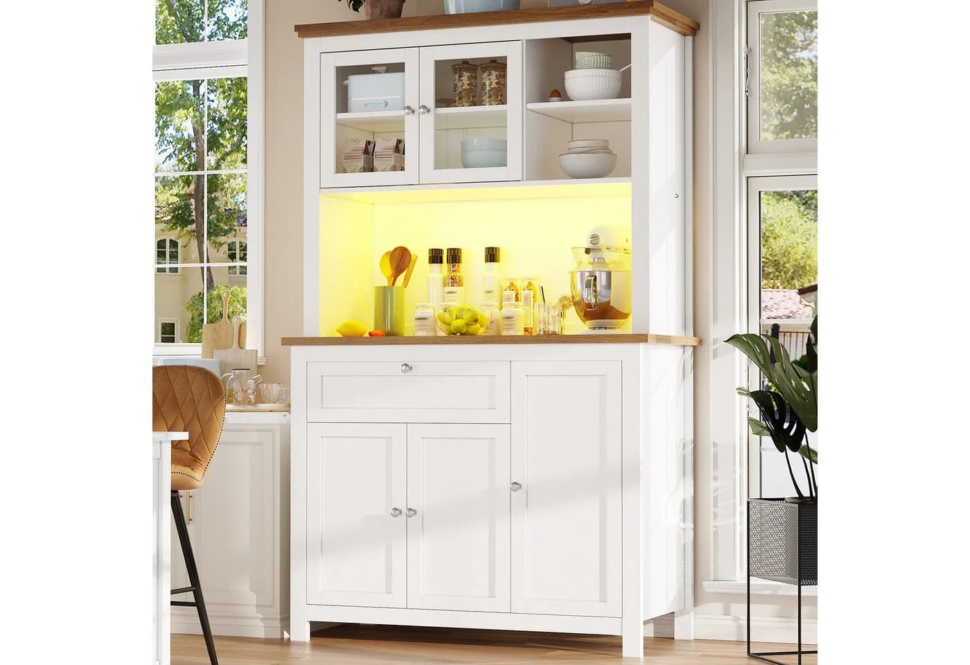 Flieks Küchenbuffet Hochschrank weiß mit LED-Beleuchtung und Glastüren - Bild 2