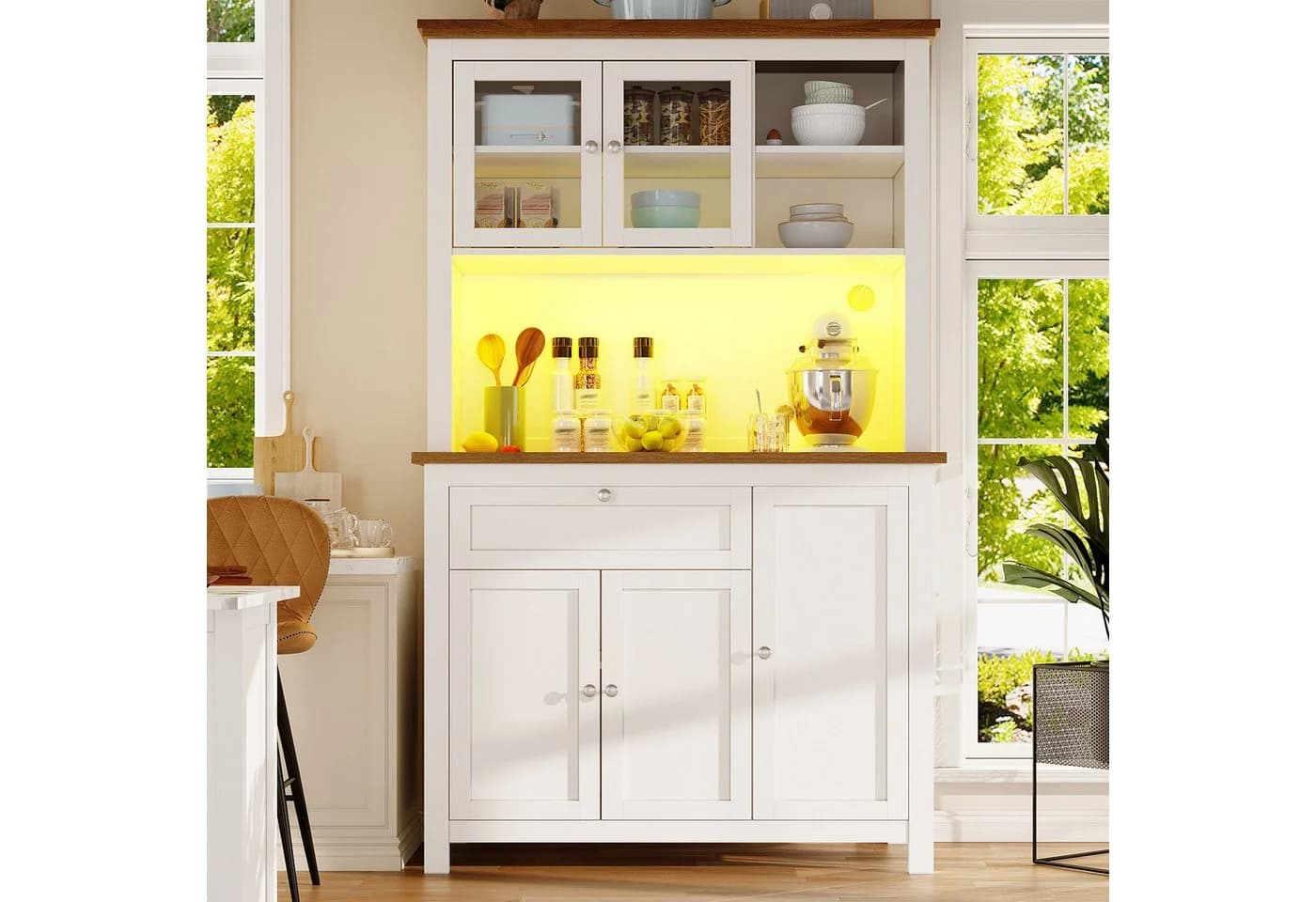 Flieks Küchenbuffet Hochschrank weiß mit LED-Beleuchtung und Glastüren - Bild 3