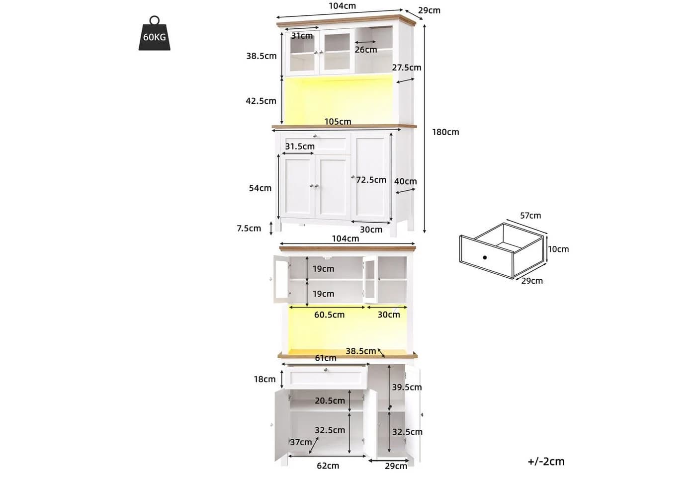 Flieks Küchenbuffet Hochschrank weiß mit LED-Beleuchtung und Glastüren - Bild 5