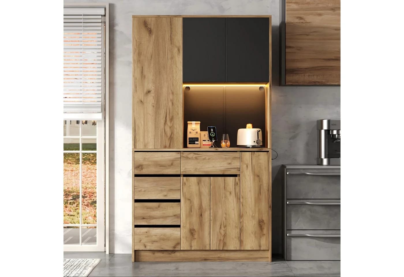 Flieks Küchenbuffet 105 cm Holzoptik mit Schubladen, Türen, LED & Steckdose