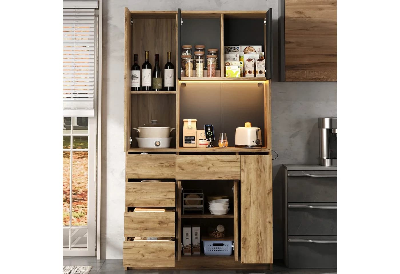 Flieks Küchenbuffet 105 cm Holzoptik mit Schubladen, Türen, LED & Steckdose - Bild 3