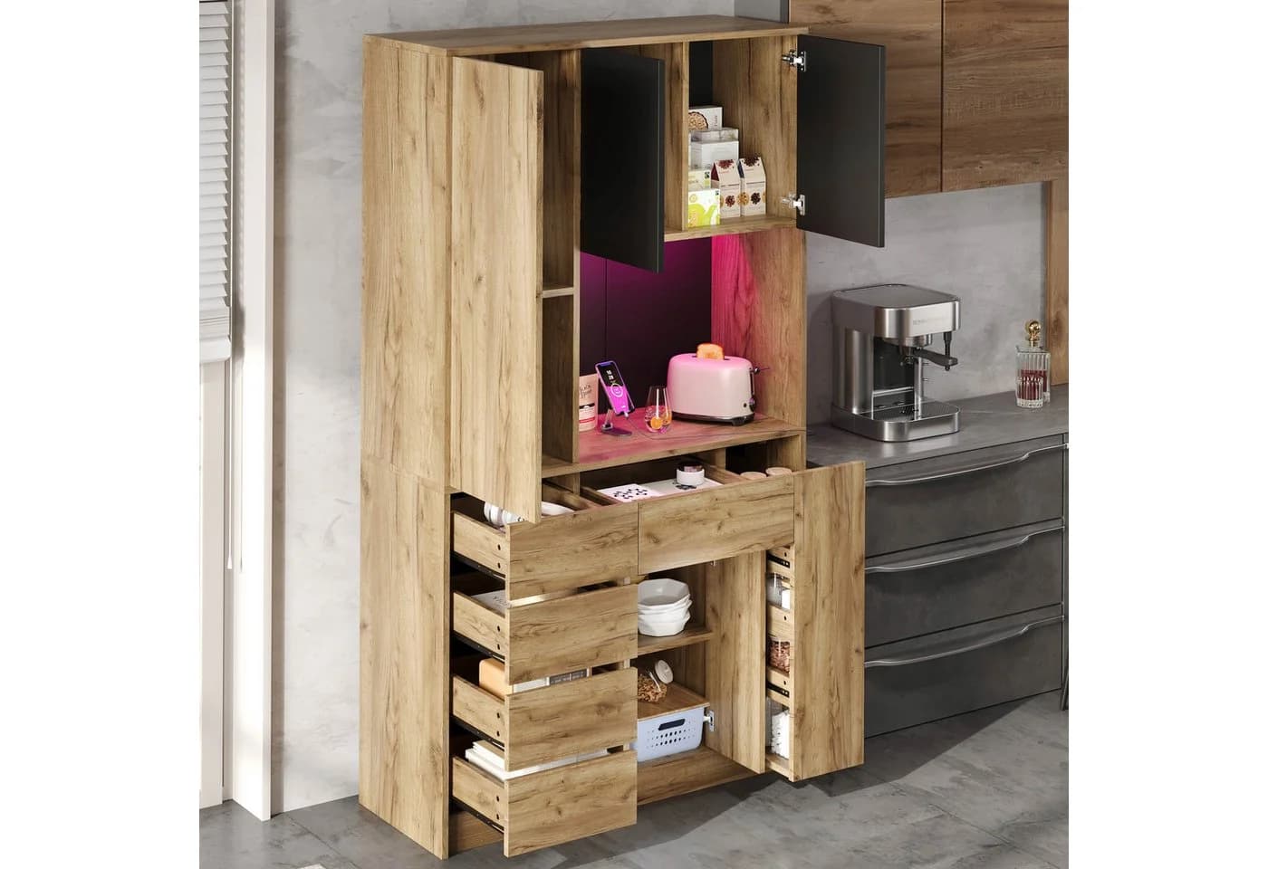 Flieks Küchenbuffet 105 cm Holzoptik mit Schubladen, Türen, LED & Steckdose - Bild 4