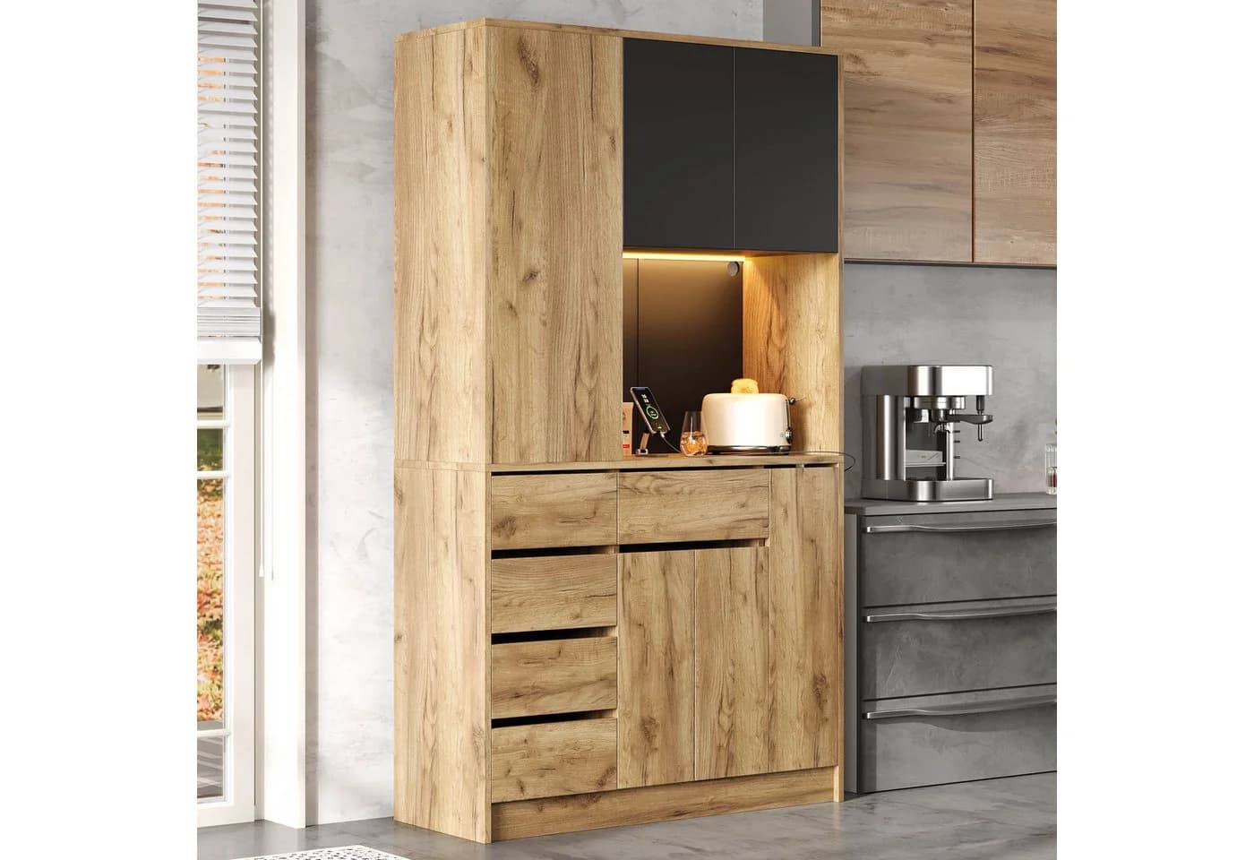 Flieks Küchenbuffet 105 cm Holzoptik mit Schubladen, Türen, LED & Steckdose - Bild 5
