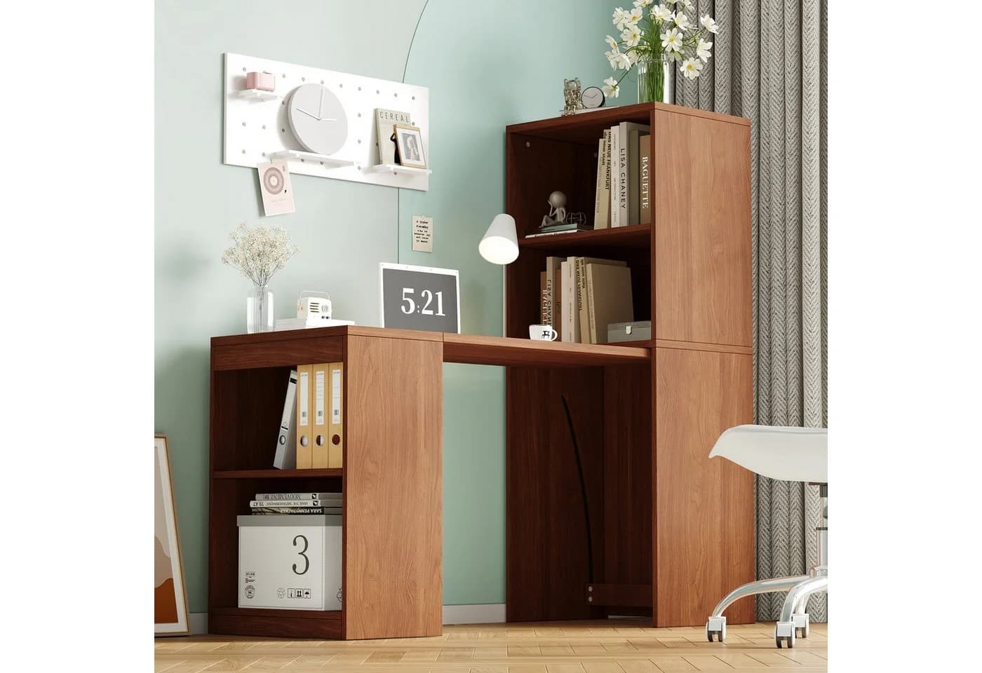 Flieks Regal-Schreibtisch L-Form mit Rollen & Bücherregal Walnussholz - Bild 3