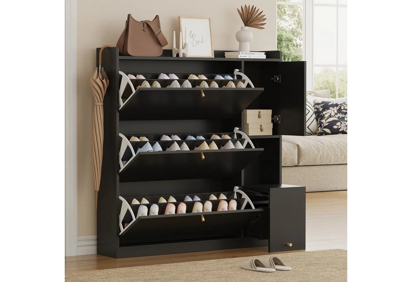 Flieks Schuhschrank mit Sitzbank 3 Klappen 1 Schublade Schwarz/Weiß - Bild 2