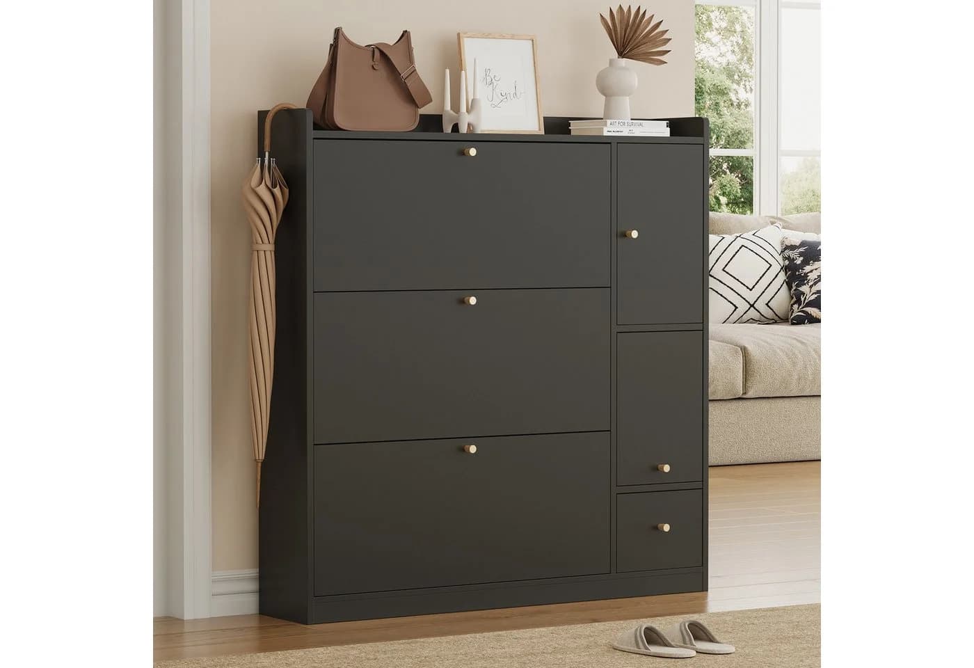 Flieks Schuhschrank mit Sitzbank 3 Klappen 1 Schublade Schwarz/Weiß - Bild 3