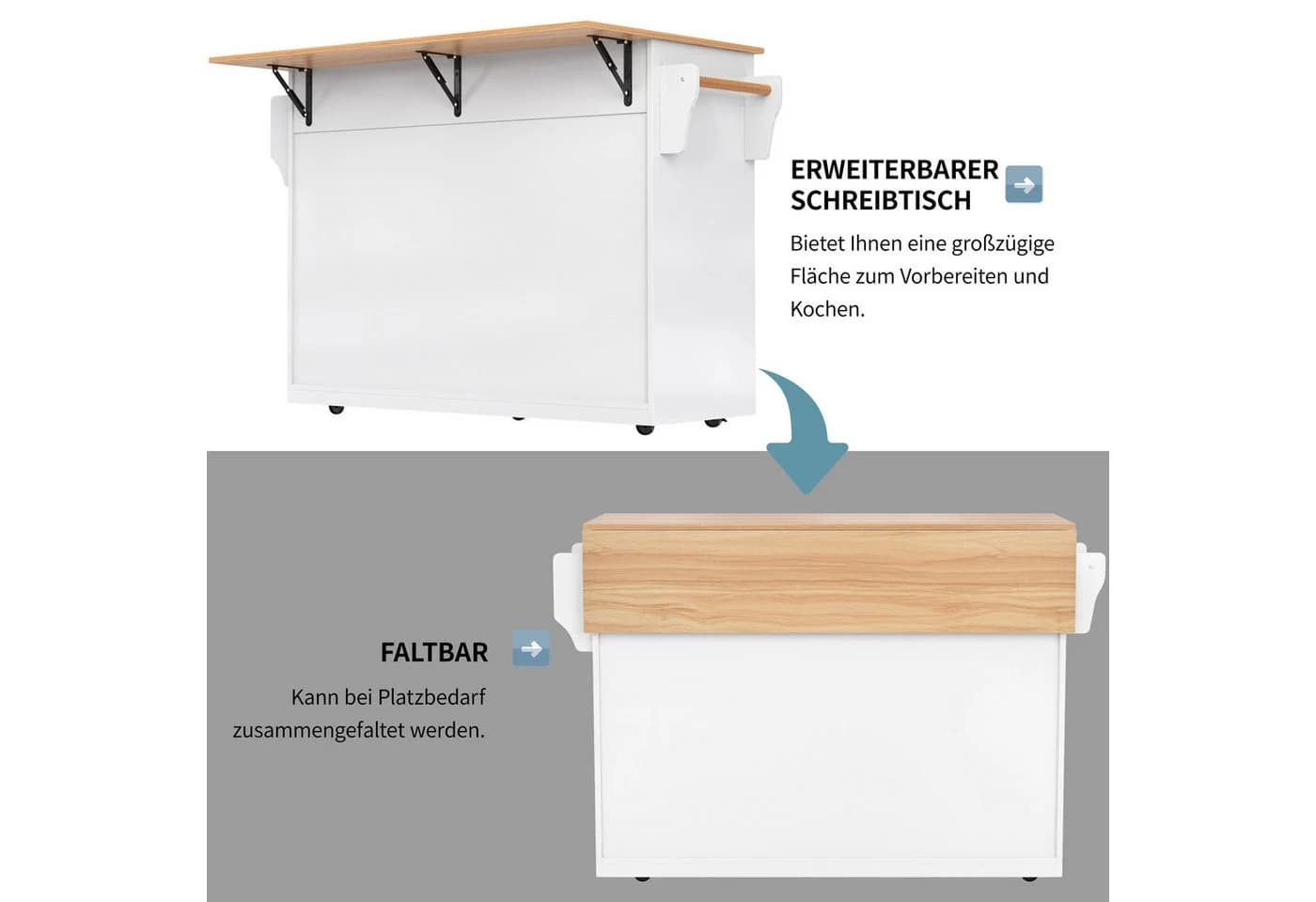 Flieks Küchenwagen mit Rollen und austauschbaren Massivholzbeinen, Servierwagen mit erweiterbarer Arbeitsplatte Kücheninsel Küchenschrank - Bild 5
