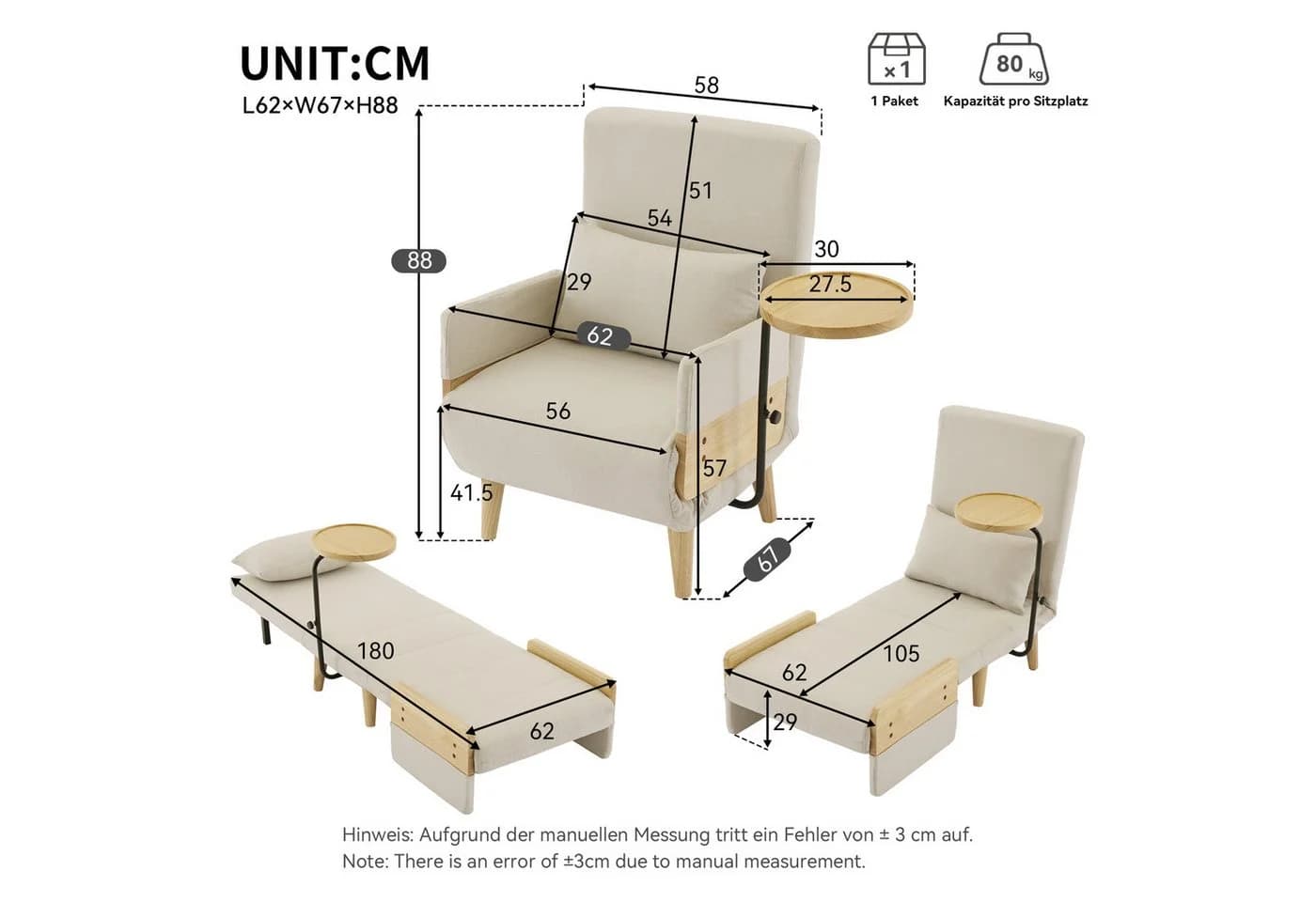 Flieks Loungesessel 3-in-1 mit Schlaffunktion Beige Leinen - Bild 5