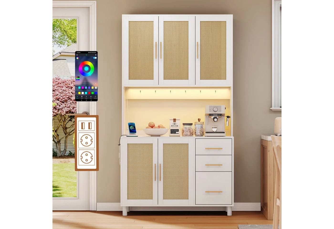Flieks Küchenbuffet Weiß mit LED, Steckdosen & Rattan - Bild 2