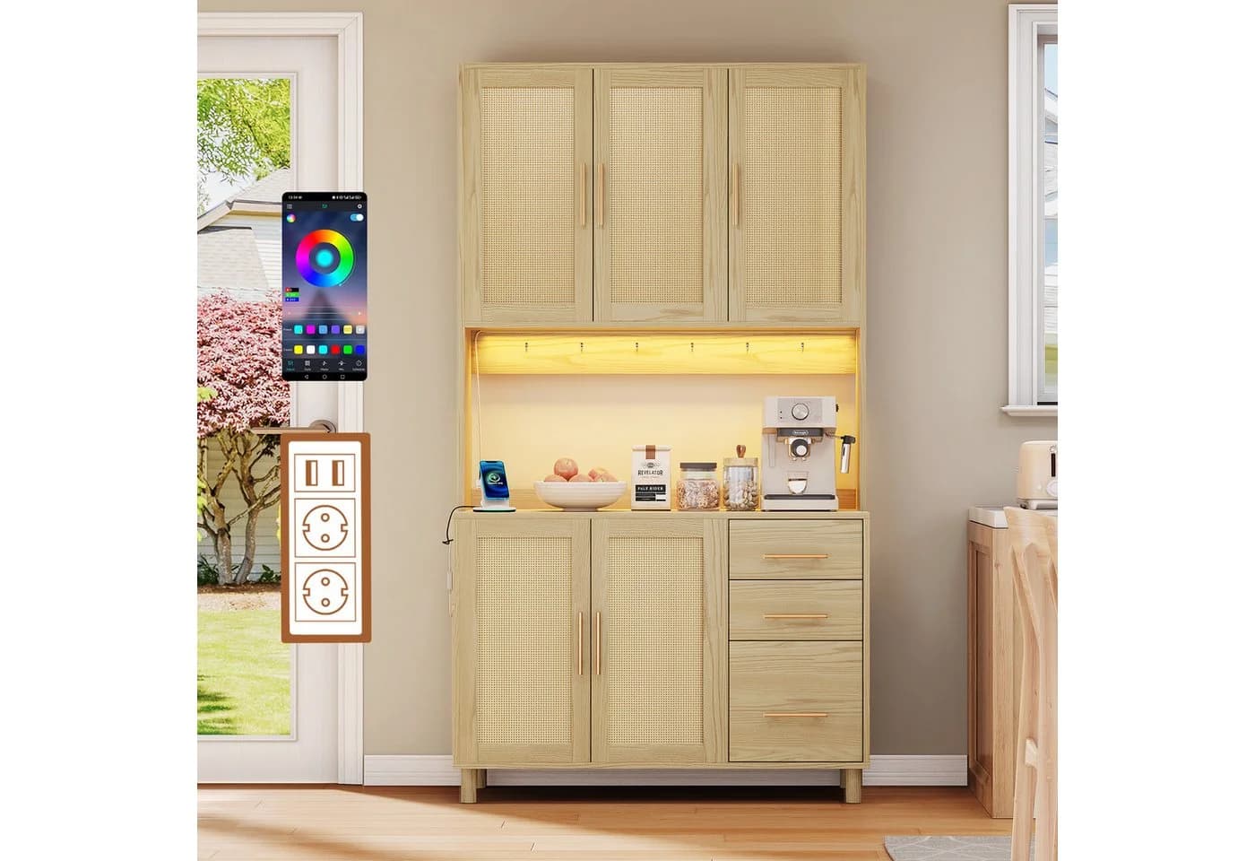 Flieks Küchenbuffet mit LED, Steckdosen, Rattantüren & Schubladen - Bild 2