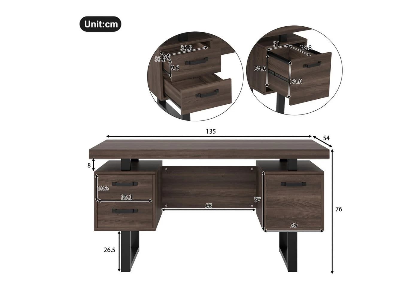 Flieks Schreibtisch mit 3 Schubladen Computertisch Walnussfarbe - Bild 4