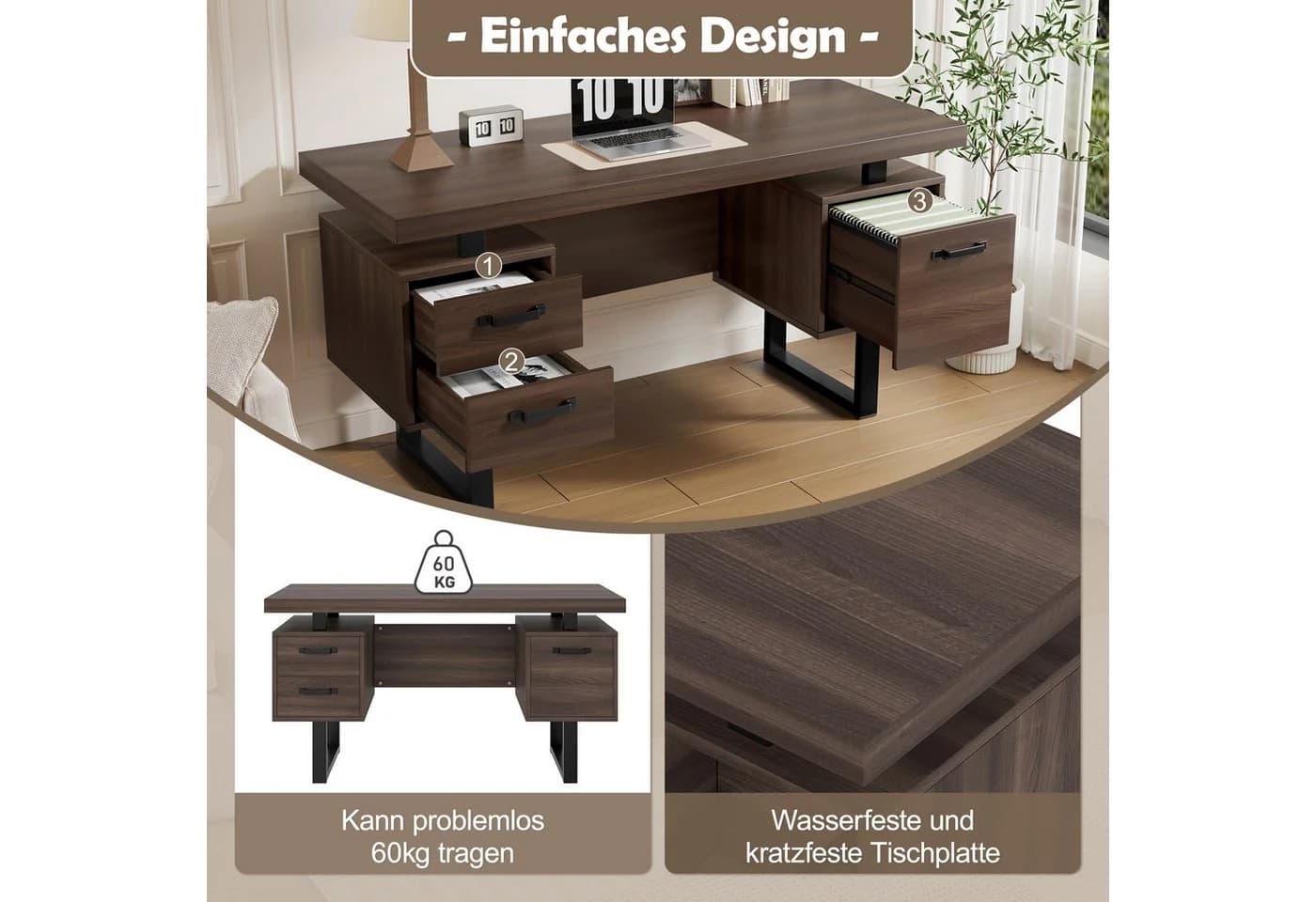 Flieks Schreibtisch mit 3 Schubladen Computertisch Walnussfarbe - Bild 5