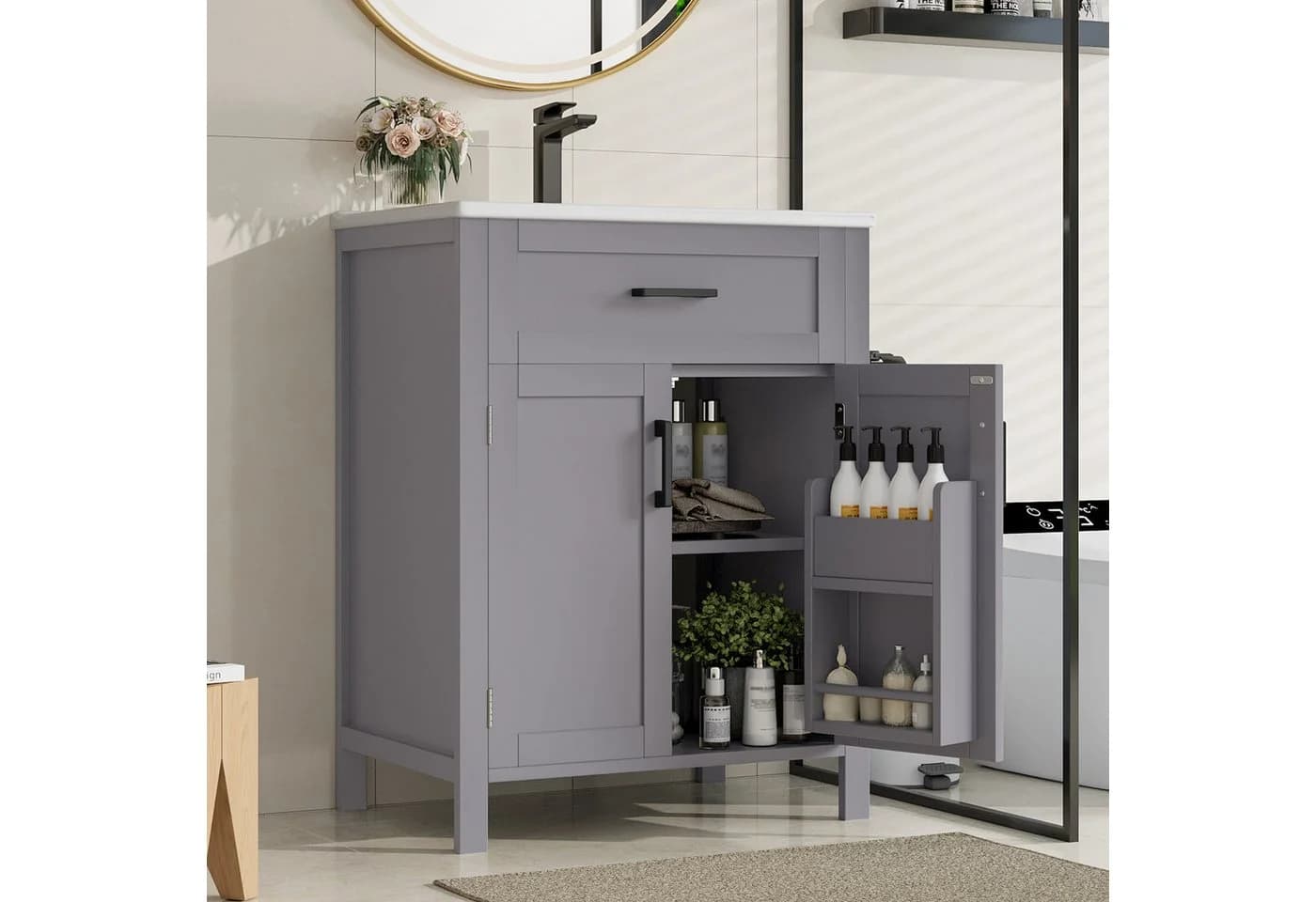 Flieks Waschtischunterschrank Grau mit Waschbecken und Klappen