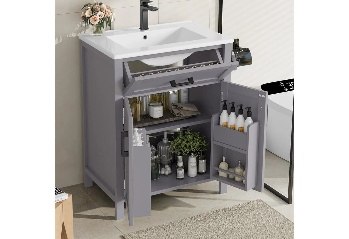 Flieks Waschtischunterschrank Grau mit Waschbecken und Klappen - Bild 2