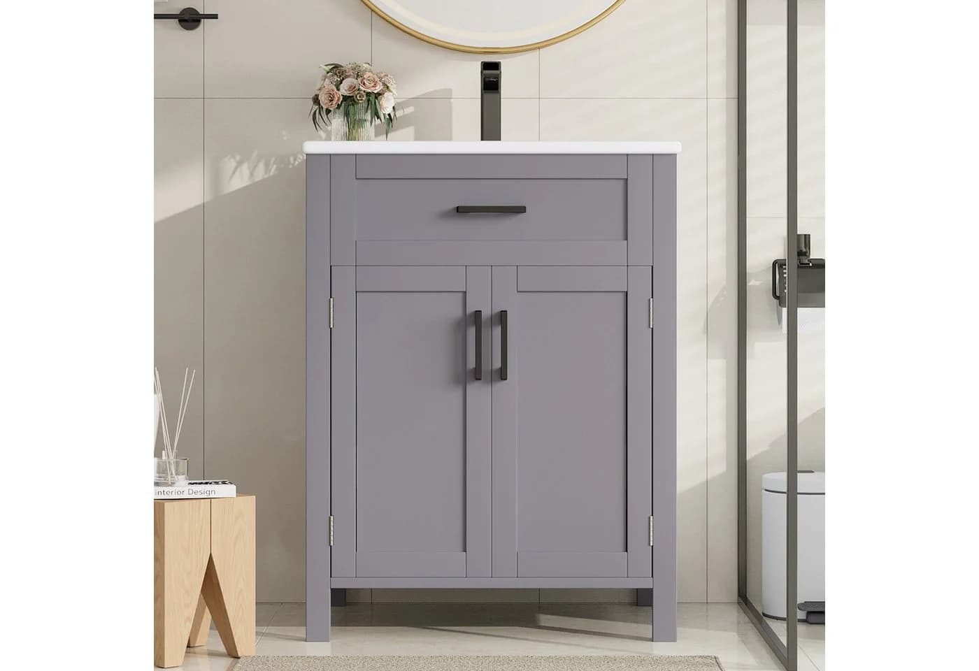 Flieks Waschtischunterschrank Grau mit Waschbecken und Klappen - Bild 4