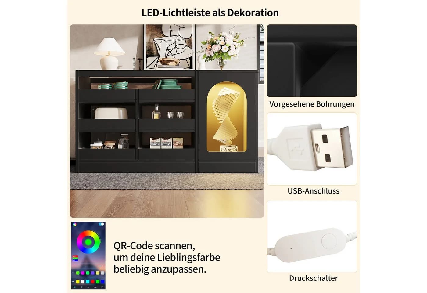 Flieks Kommode 6 Schubladen LED Schwarz Glas - Bild 5