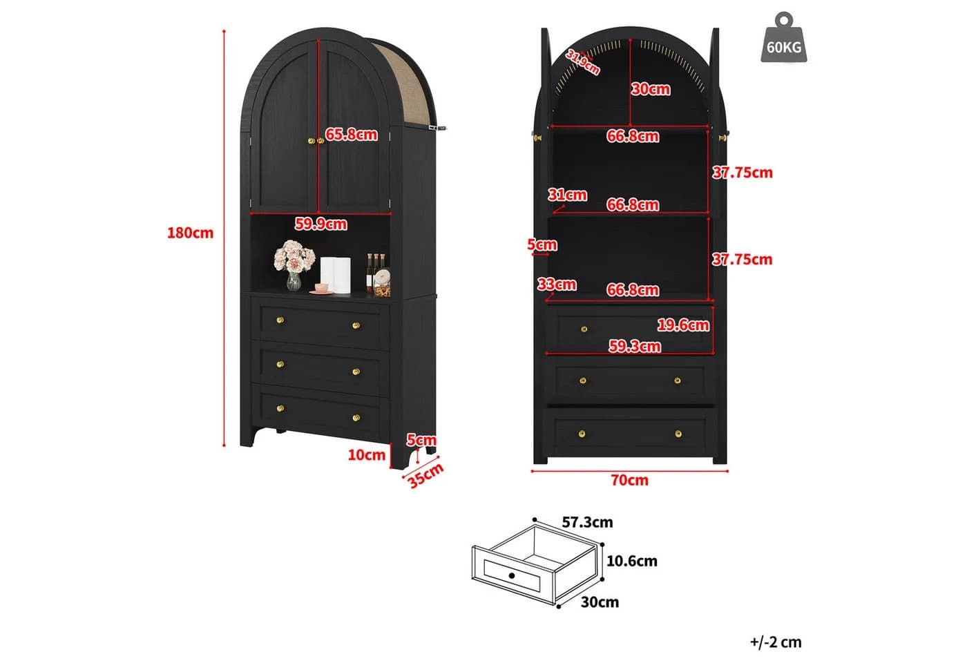 Flieks Bogen-Hochschrank Schwarz mit Schubladen und Türen - Bild 5